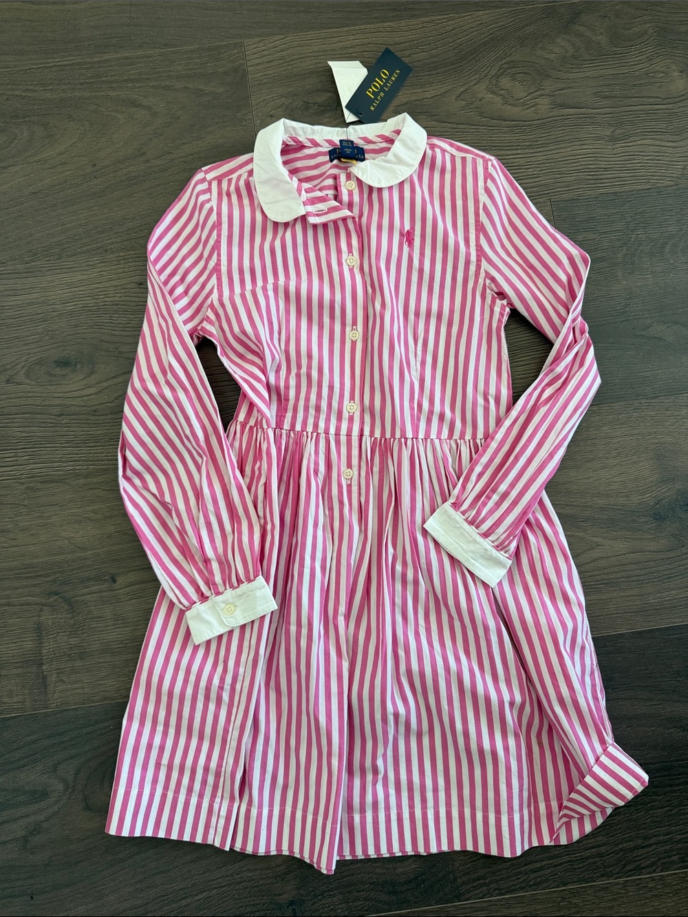NWT - Darling Polo Ralph Lauren Pink & White Striped Cotton Dress - girls 12